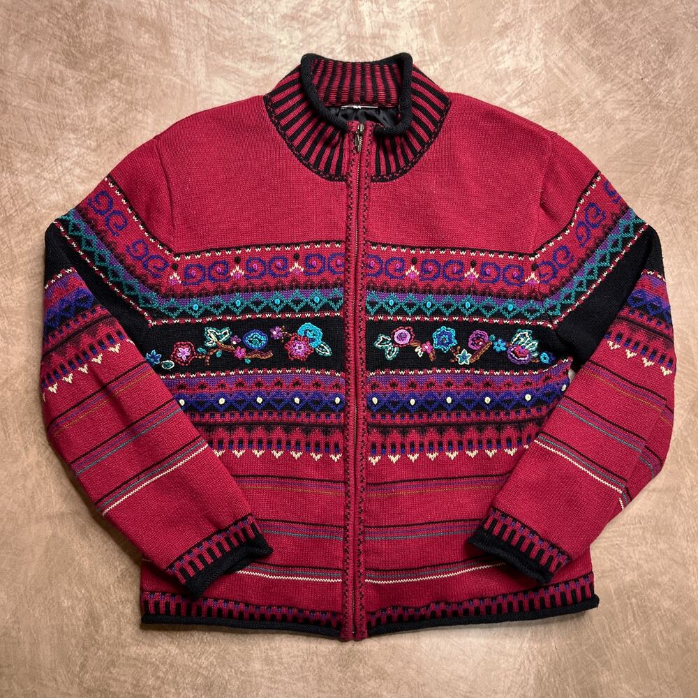Vintage 90s Floral Embroidered Fair Isles Striped Knit Sweater Zip Up Multicolor
